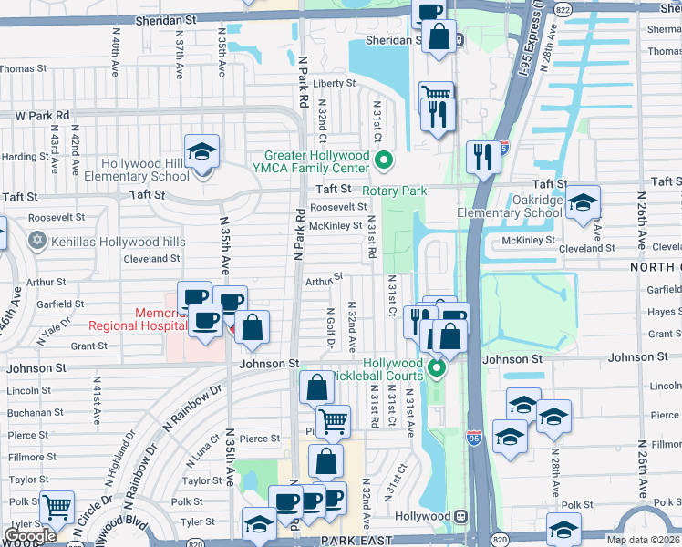 map of restaurants, bars, coffee shops, grocery stores, and more near 3210 Arthur Street in Hollywood