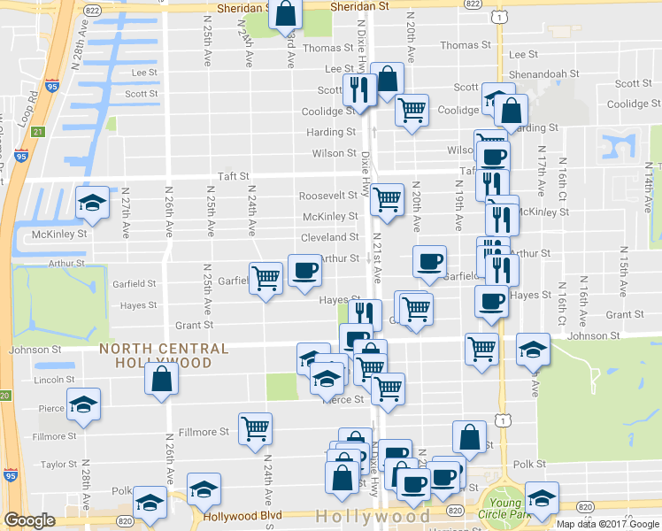 map of restaurants, bars, coffee shops, grocery stores, and more near 1207 North 22nd Avenue in Hollywood