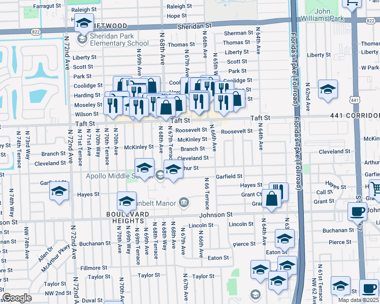 map of restaurants, bars, coffee shops, grocery stores, and more near 6651 Cleveland Street in Hollywood