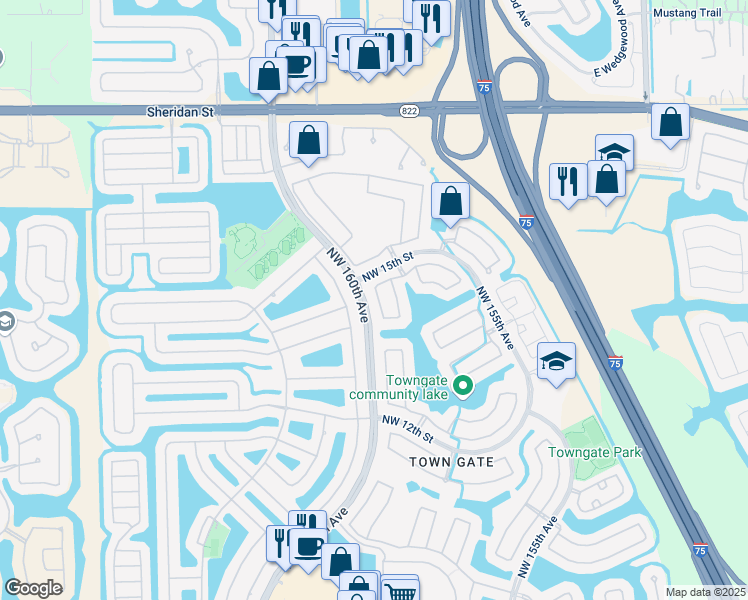 map of restaurants, bars, coffee shops, grocery stores, and more near 1447 Northwest 159th Lane in Pembroke Pines
