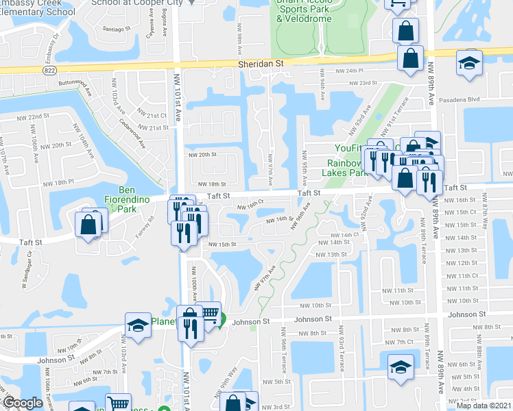 map of restaurants, bars, coffee shops, grocery stores, and more near 9718 Northwest 16th Court in Pembroke Pines