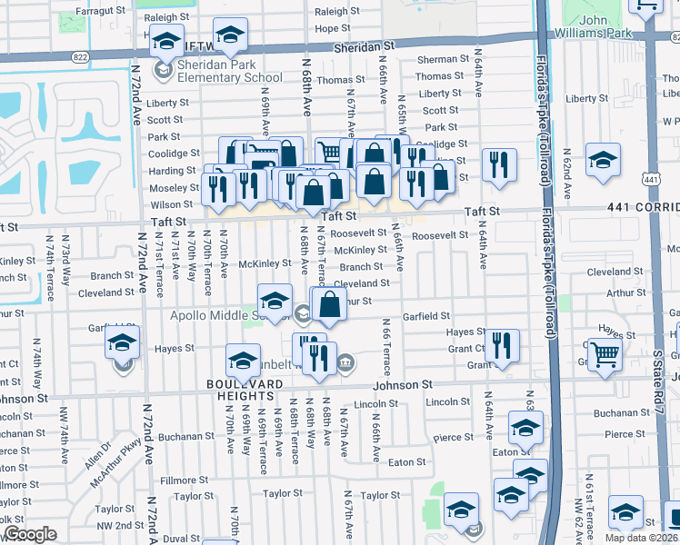 map of restaurants, bars, coffee shops, grocery stores, and more near 6750 Branch Street in Hollywood