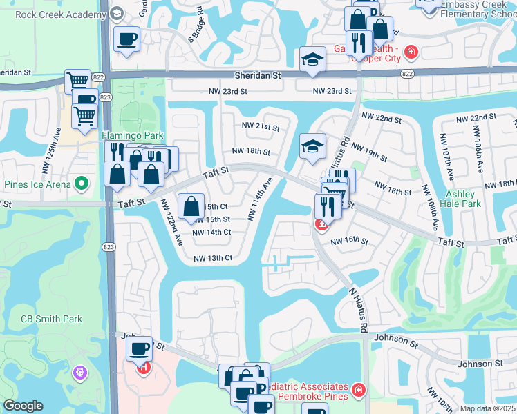 map of restaurants, bars, coffee shops, grocery stores, and more near 1531 Northwest 114th Avenue in Pembroke Pines