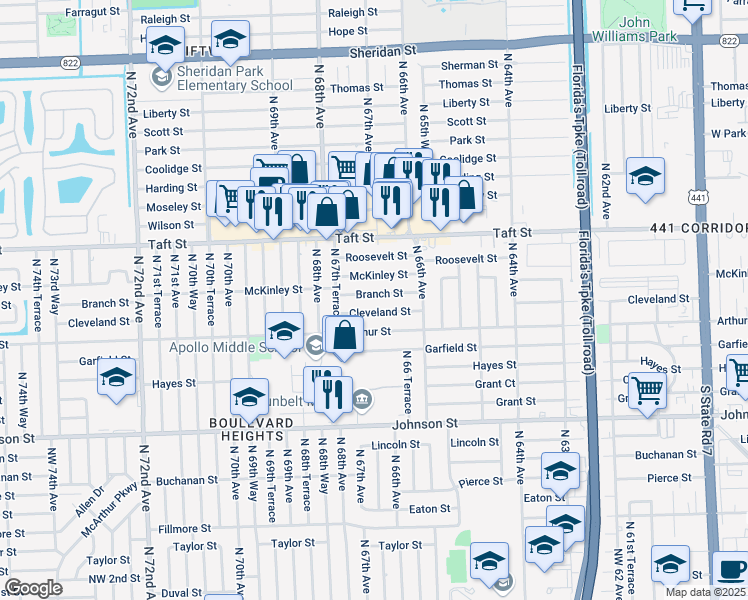 map of restaurants, bars, coffee shops, grocery stores, and more near 6651 Cleveland Street in Hollywood