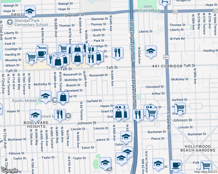 map of restaurants, bars, coffee shops, grocery stores, and more near 1421 North 64th Way in Hollywood