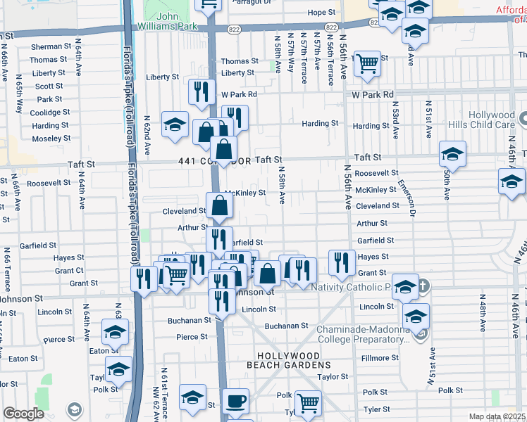 map of restaurants, bars, coffee shops, grocery stores, and more near 5807 Cleveland Street in Hollywood