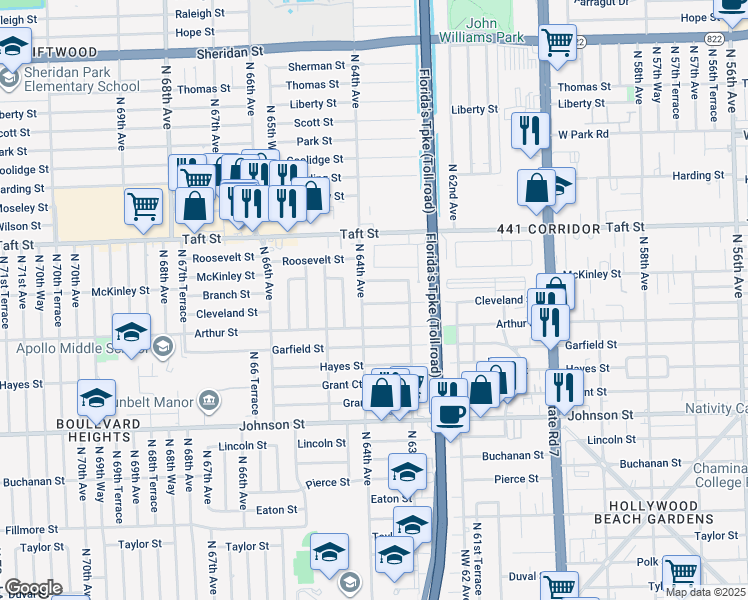 map of restaurants, bars, coffee shops, grocery stores, and more near 6337 Cleveland Street in Hollywood