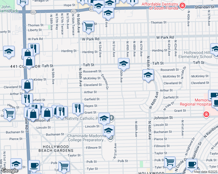 map of restaurants, bars, coffee shops, grocery stores, and more near 5122 Cleveland Street in Hollywood