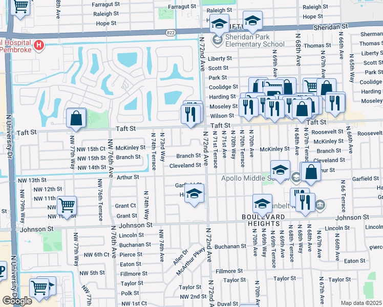 map of restaurants, bars, coffee shops, grocery stores, and more near 7251 Branch Street in Hollywood