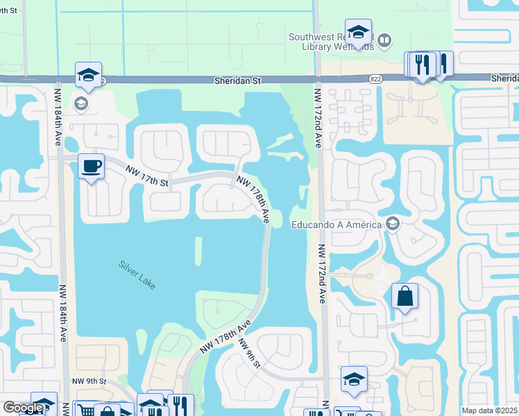 map of restaurants, bars, coffee shops, grocery stores, and more near 1501 Northwest 178th Lane in Pembroke Pines