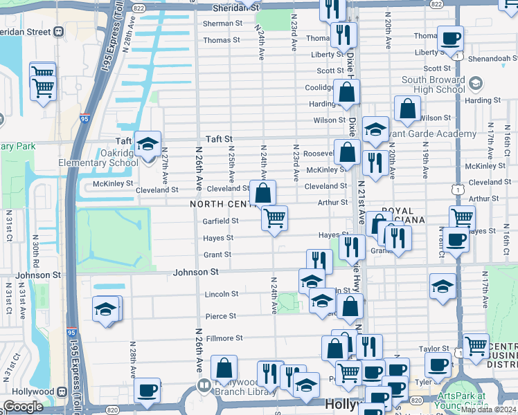 map of restaurants, bars, coffee shops, grocery stores, and more near 2418 Arthur Street in Hollywood