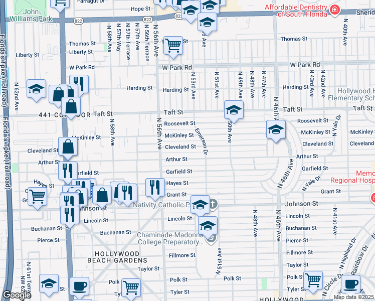 map of restaurants, bars, coffee shops, grocery stores, and more near 5316 Cleveland Street in Hollywood