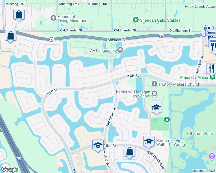 map of restaurants, bars, coffee shops, grocery stores, and more near 13711 Northwest 16th Street in Pembroke Pines