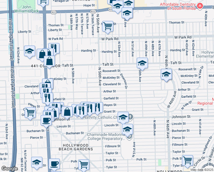 map of restaurants, bars, coffee shops, grocery stores, and more near 5500 Cleveland Street in Hollywood