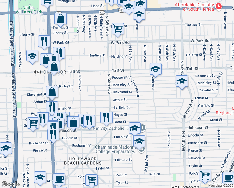 map of restaurants, bars, coffee shops, grocery stores, and more near 5500 Cleveland Street in Hollywood