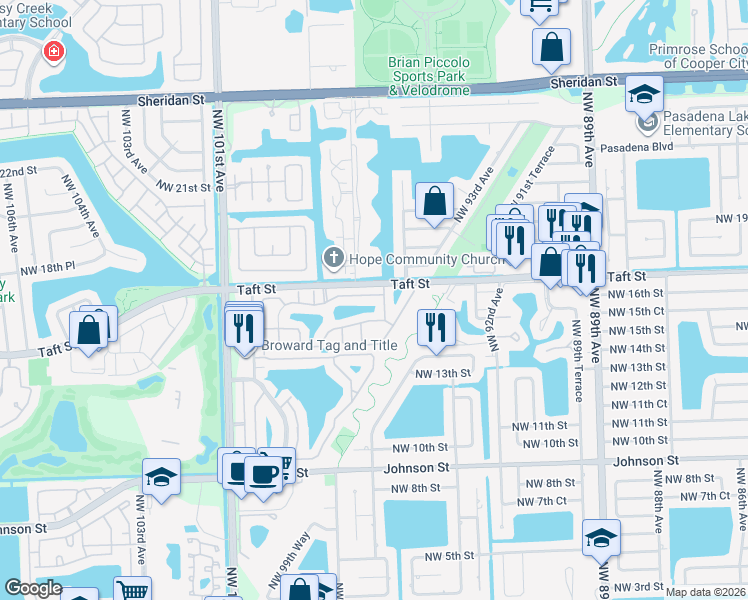 map of restaurants, bars, coffee shops, grocery stores, and more near 9630 Northwest 16th Court in Pembroke Pines