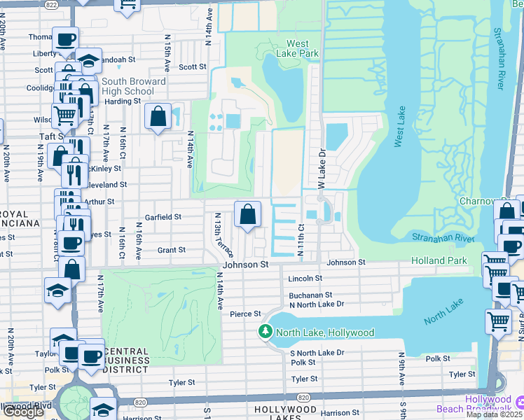 map of restaurants, bars, coffee shops, grocery stores, and more near 1200 Arthur Street in Hollywood
