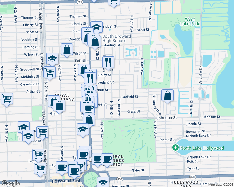 map of restaurants, bars, coffee shops, grocery stores, and more near in Hollywood