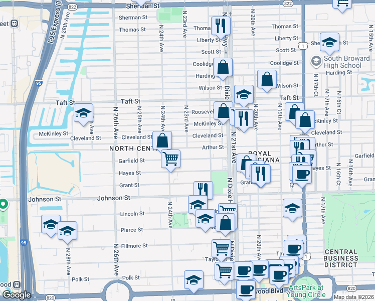 map of restaurants, bars, coffee shops, grocery stores, and more near 2234 Arthur Street in Hollywood