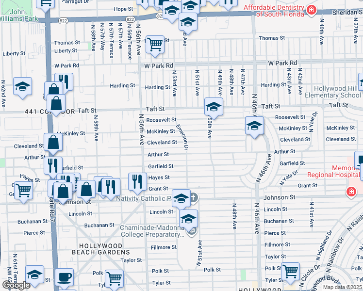 map of restaurants, bars, coffee shops, grocery stores, and more near 5122 Cleveland Street in Hollywood