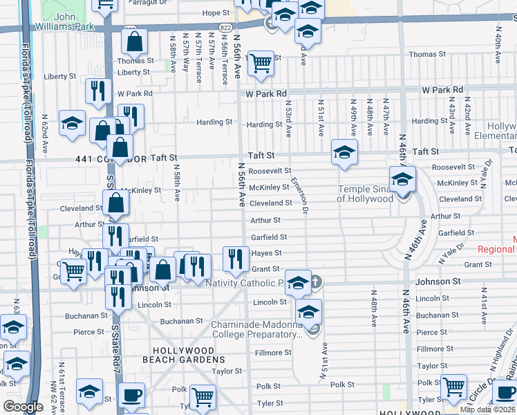 map of restaurants, bars, coffee shops, grocery stores, and more near 5500 Cleveland Street in Hollywood