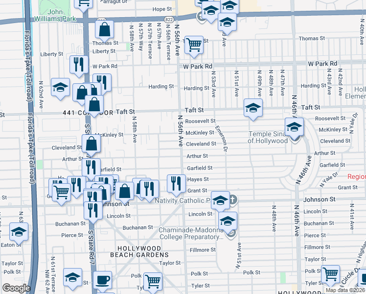 map of restaurants, bars, coffee shops, grocery stores, and more near 5610 Cleveland Street in Hollywood