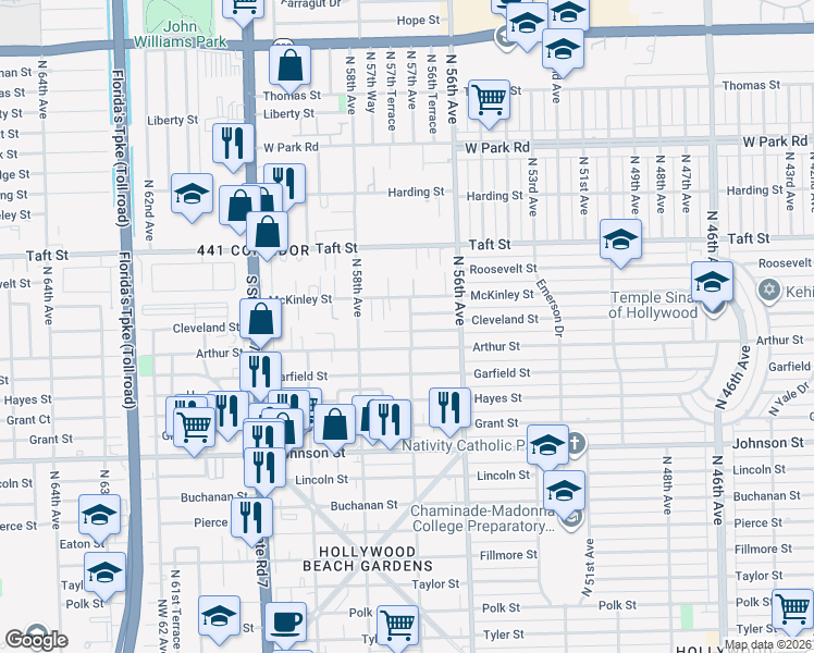 map of restaurants, bars, coffee shops, grocery stores, and more near 5700 Cleveland Street in Hollywood