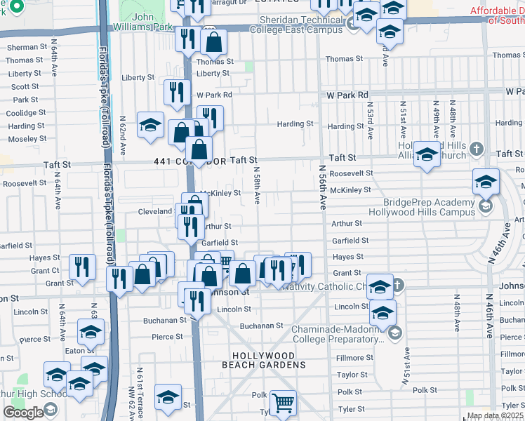 map of restaurants, bars, coffee shops, grocery stores, and more near 1317 North 58th Avenue in Hollywood