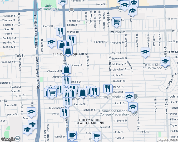 map of restaurants, bars, coffee shops, grocery stores, and more near 1317 North 58th Avenue in Hollywood