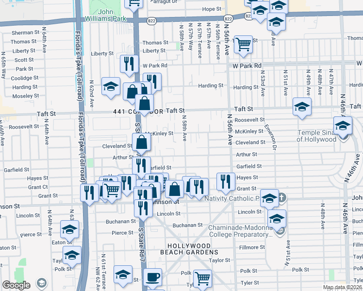 map of restaurants, bars, coffee shops, grocery stores, and more near 5807 Cleveland Street in Hollywood