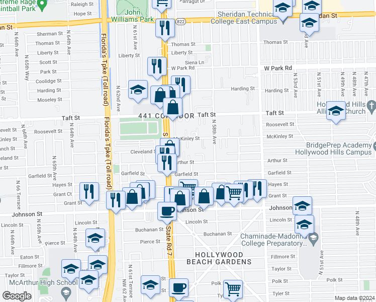 map of restaurants, bars, coffee shops, grocery stores, and more near 5901 Arthur Street in Hollywood