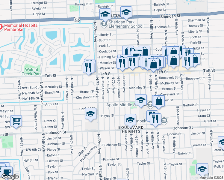 map of restaurants, bars, coffee shops, grocery stores, and more near 7067-7099 Branch Street in Hollywood