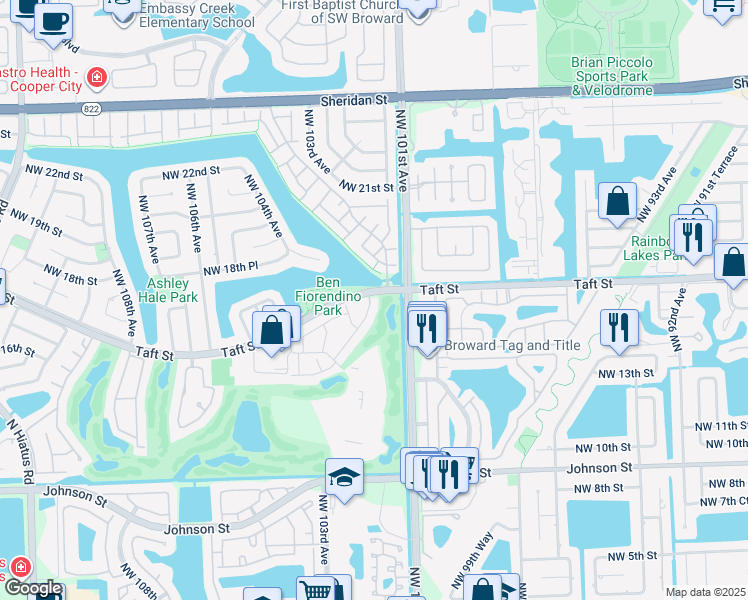 map of restaurants, bars, coffee shops, grocery stores, and more near 1661 Fairway Road in Pembroke Pines