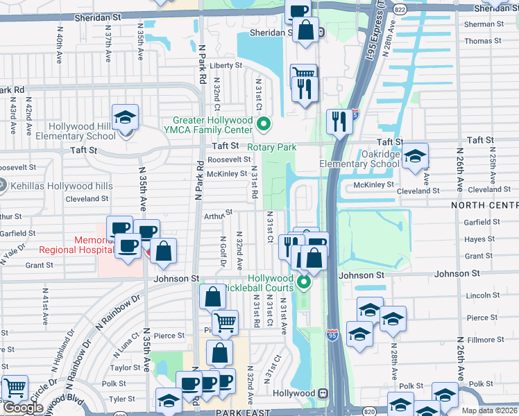 map of restaurants, bars, coffee shops, grocery stores, and more near 1040 North 31st Road in Hollywood