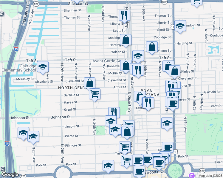map of restaurants, bars, coffee shops, grocery stores, and more near 2226 Arthur Street in Hollywood