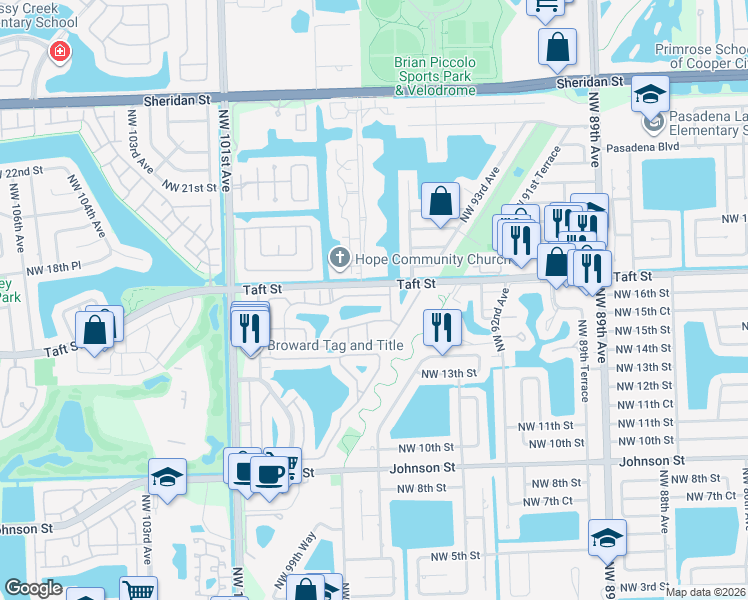 map of restaurants, bars, coffee shops, grocery stores, and more near 9630 Northwest 16th Court in Pembroke Pines