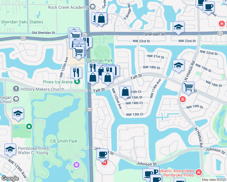 map of restaurants, bars, coffee shops, grocery stores, and more near 1521 Northwest 122nd Avenue in Pembroke Pines