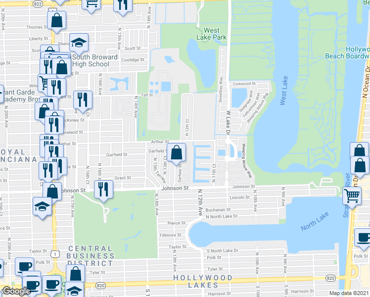 map of restaurants, bars, coffee shops, grocery stores, and more near 1200 Arthur Street in Hollywood