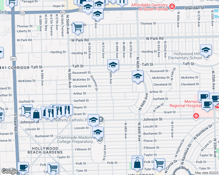 map of restaurants, bars, coffee shops, grocery stores, and more near 5009 Arthur Street in Hollywood
