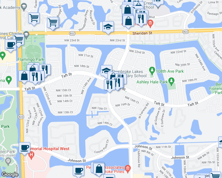 map of restaurants, bars, coffee shops, grocery stores, and more near 1685 North Hiatus Road in Pembroke Pines
