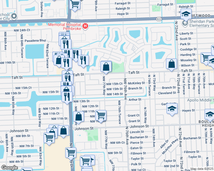 map of restaurants, bars, coffee shops, grocery stores, and more near 7711 Northwest 15th Street in Pembroke Pines