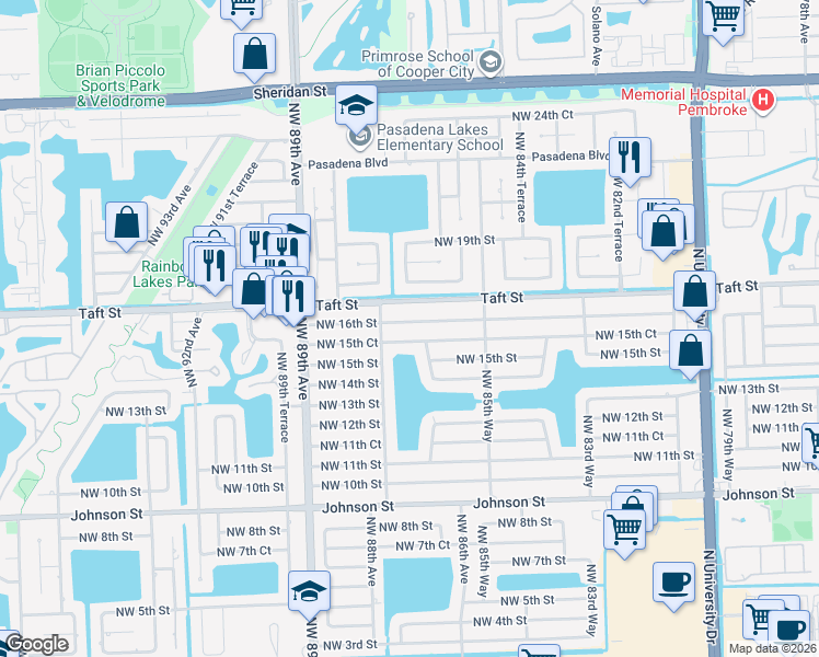 map of restaurants, bars, coffee shops, grocery stores, and more near 8711 Northwest 15th Court in Pembroke Pines