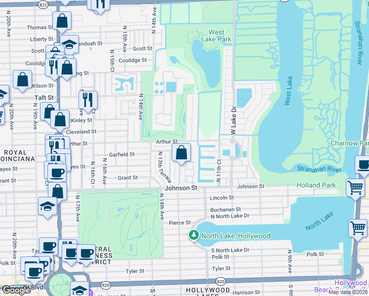 map of restaurants, bars, coffee shops, grocery stores, and more near 1125 Garfield Street in Hollywood