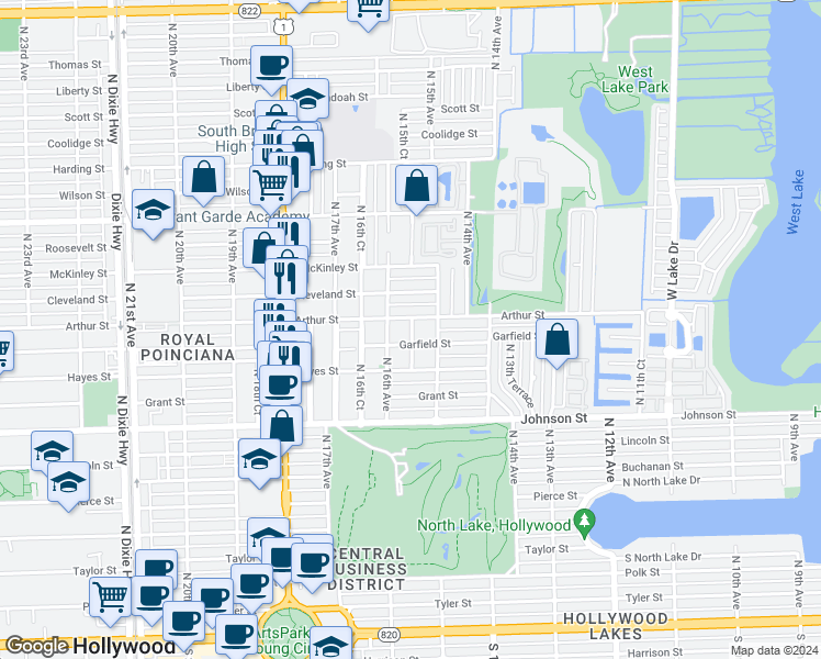 map of restaurants, bars, coffee shops, grocery stores, and more near in Hollywood