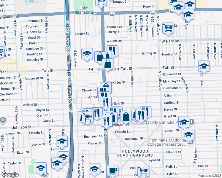map of restaurants, bars, coffee shops, grocery stores, and more near 5901 Arthur Street in Hollywood