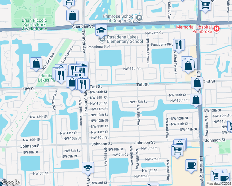 map of restaurants, bars, coffee shops, grocery stores, and more near 8711 Northwest 15th Court in Pembroke Pines