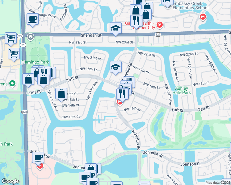 map of restaurants, bars, coffee shops, grocery stores, and more near 1685 North Hiatus Road in Pembroke Pines
