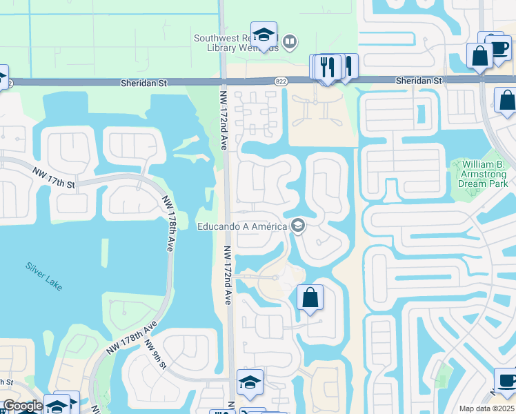 map of restaurants, bars, coffee shops, grocery stores, and more near 17011 Northwest 17th Street in Pembroke Pines