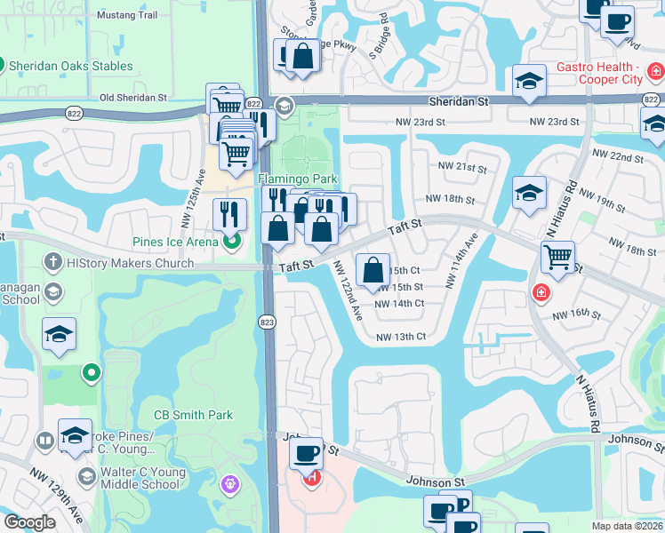 map of restaurants, bars, coffee shops, grocery stores, and more near 1521 Northwest 122nd Avenue in Pembroke Pines