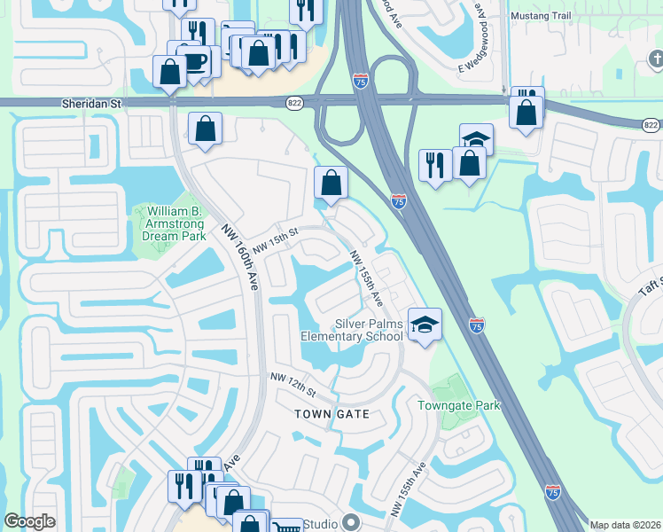 map of restaurants, bars, coffee shops, grocery stores, and more near 1402 Northwest 158th Avenue in Pembroke Pines